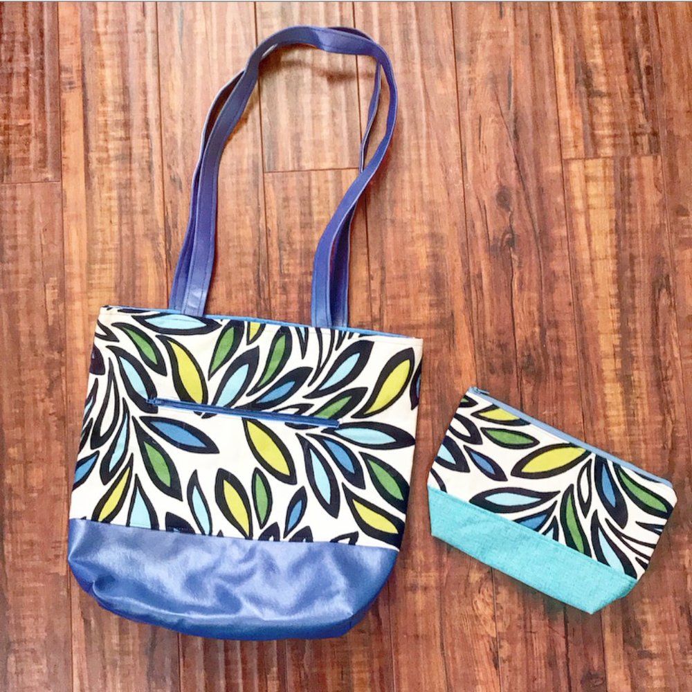Blue Leather Vinyl Tote Bag